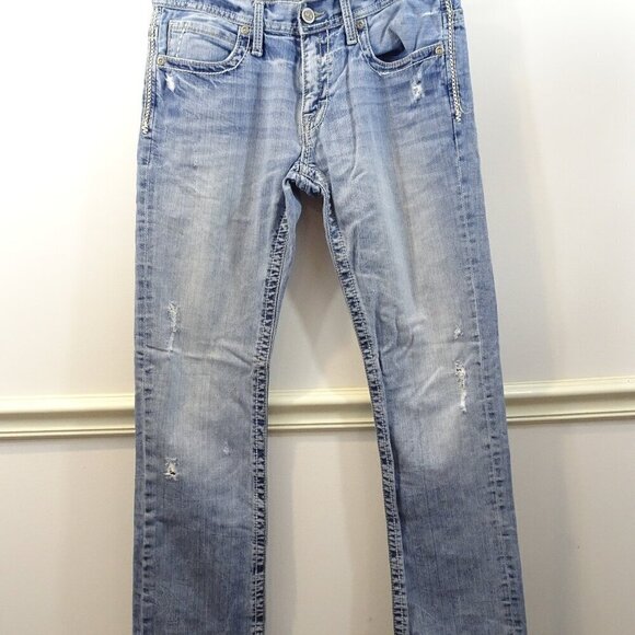 Buckle BKE Jeans Mens 32L Blue Light Wash Denim Straight Leg Carter Distressed - Picture 1 of 9